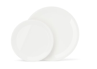 Large and small white porcelain plates standing on white background