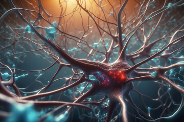 Red de neuronas interconectadas con sinapsis destacadas en detalle macro de las células nerviosas - obrazy, fototapety, plakaty