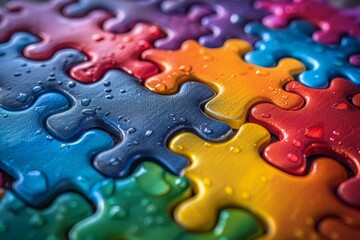 Close-up image of colorful jigsaw puzzle pieces with water droplets, concept of problem-solving and analysis