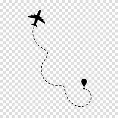 Airplane route plane path. Travel concept. Dotted path airplane. Aircraft tracking. Vector illustration on a transparent background. - obrazy, fototapety, plakaty