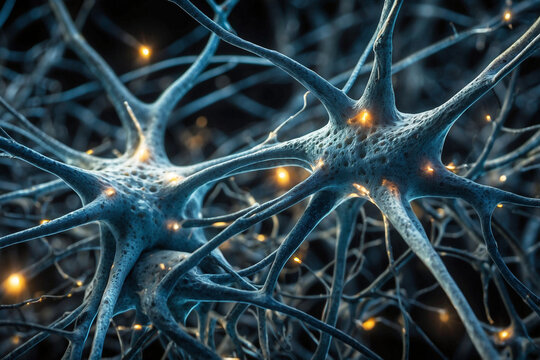 Red de neuronas interconectadas con sinapsis destacadas en detalle macro de las células nerviosas
