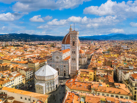 Aerial cityscape view on the dome of Santa Maria del Fiore church and old town in Florence