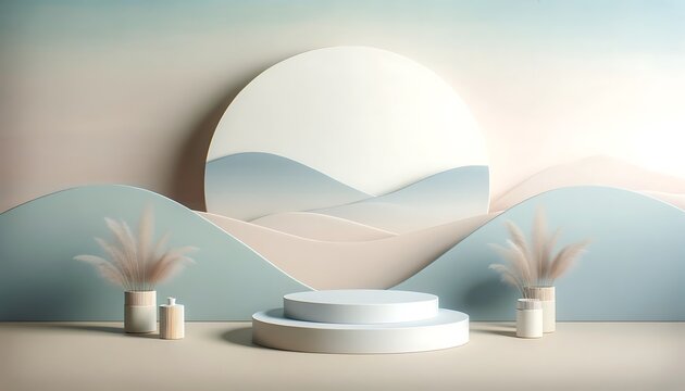 Minimalist podium in a serene setting, soft pastel background. 3d stage for product display. an abstract platform for product presentation. podium for advertising. Empty pedestal 3D model