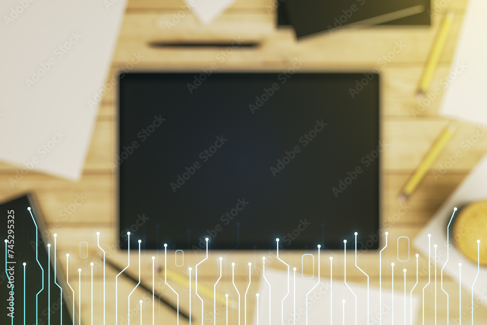 Poster double exposure of circuit hologram and digital tablet on background, top view. research and develop