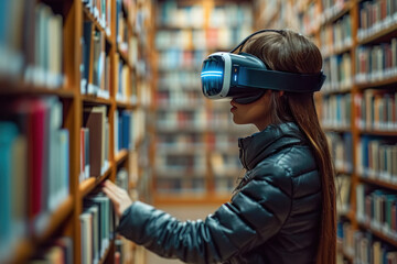 An immersive virtual reality experience with a vibrant visualization of digital learning and information technology, merging human curiosity with futuristic education methods