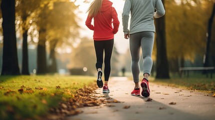 Two people jogging in a park at sunset, exemplifying outdoor fitness and an active lifestyle amidst an autumnal setting - obrazy, fototapety, plakaty