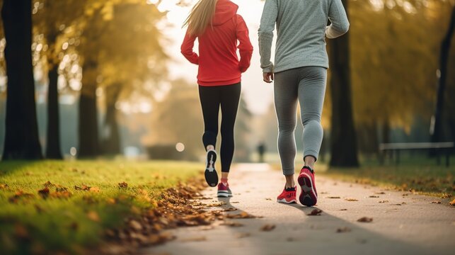 Two people jogging in a park at sunset, exemplifying outdoor fitness and an active lifestyle amidst an autumnal setting