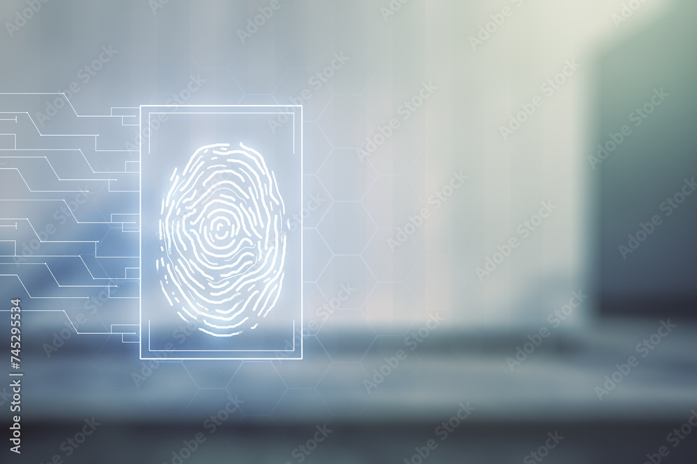 Poster multi exposure of virtual abstract fingerprint illustration on blurry modern office building backgro