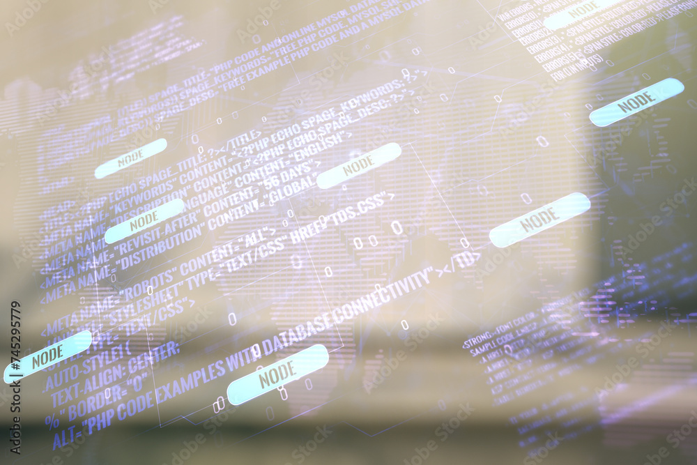Aufkleber multi exposure of abstract programming language hologram and world map on contemporary business cent