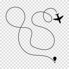 Airplane route plane path. Travel concept. Aircraft tracking. Vector illustration on a transparent background. - obrazy, fototapety, plakaty
