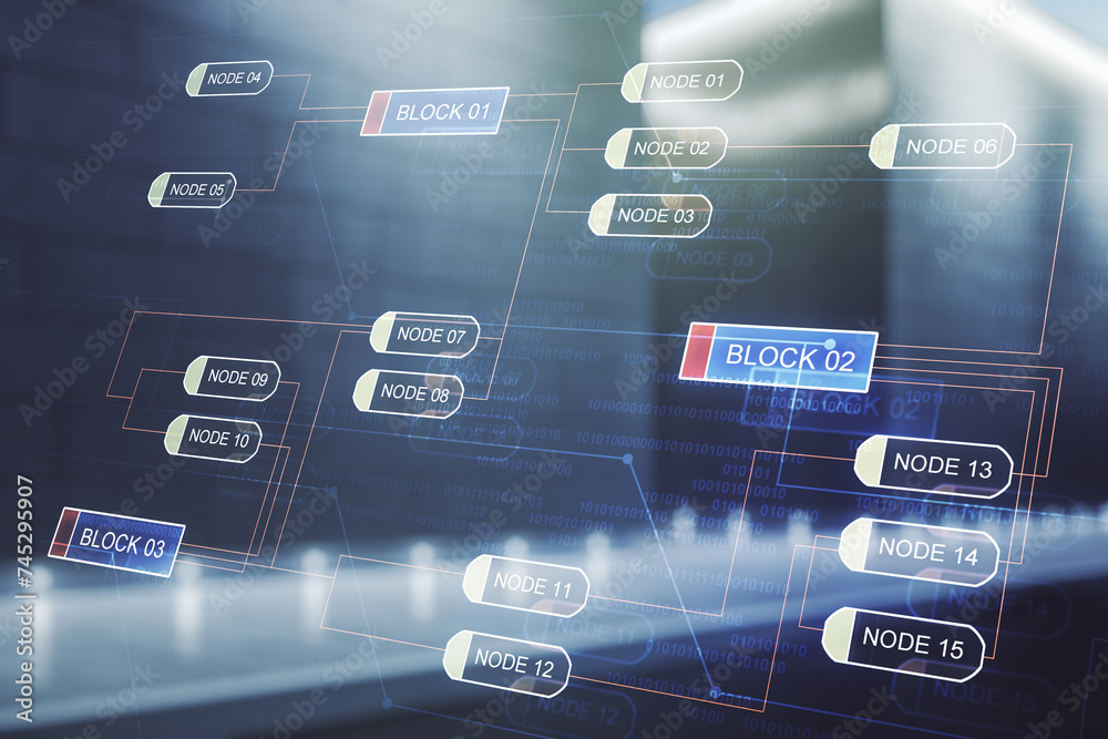 Poster Multi exposure of abstract graphic coding sketch on blurry contemporary office building background, big data and networking concept