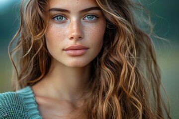 Fototapeta premium Detailed shot of a woman with freckles and windswept hair, highlighting her natural beauty in soft, natural light