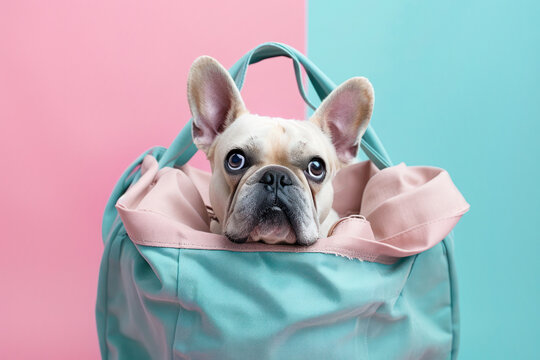 Cute dog in dog bag.