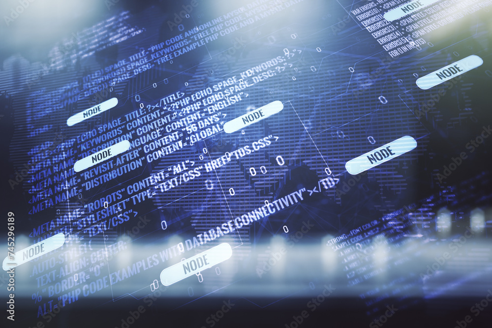 Poster abstract virtual coding illustration and world map on blurry contemporary office building background
