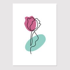 Line art floral poster with colourful spots. Minimalistic illustration with tulip. 