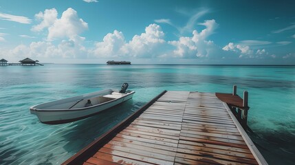 Fototapeta premium Serene tropical seascape with a docked boat under clear blue sky. tranquility and travel concept. ideal for relaxation and vacation imagery. AI