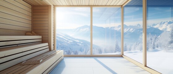 Elegant sauna interior with large windows overlooking a snowy mountain range, embodying luxury, warmth, and a connection to the winter wilderness