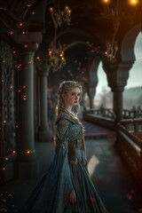 Noblewoman in Blue Gown Adorning Castle Balcony
