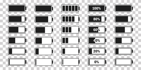 Level battery energy icon set. Powerfully full and power low up status batteries. Energy reusing concept. Alkaline tags. Battery charging point, charge indicator. Mobile plug. Vector illustration.