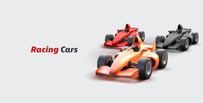 Speed sport cars banner driving on high speed, fast racing car 3d render illustration, modern realistic models