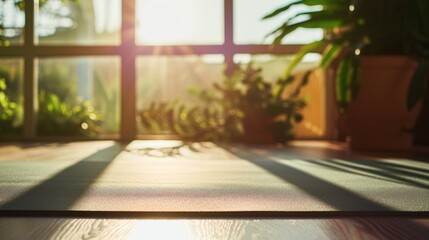 Sunlit yoga mat with plant shadows creating a peaceful and warm meditation space