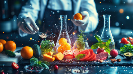 A female scientist with protective gear closely inspects a bunch of ripe organic tomatoes in a modern sustainable agriculture laboratory, showcasing advances in eco-friendly food production