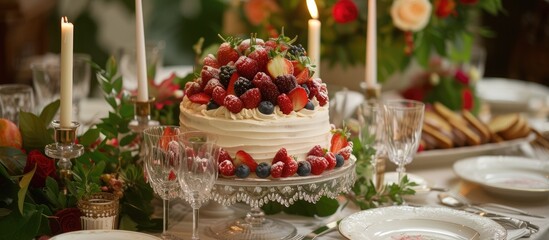 A decadent cake adorned with juicy strawberries and plump blueberries atop it, creating a vibrant and appetizing dessert option for a sweet celebration.