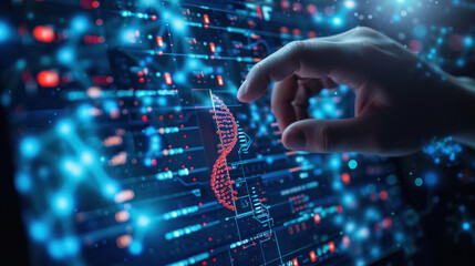 Female scientist explores the intricate details of DNA strands through augmented reality, highlighting the synergy of science and technology fabrication processes, and artificial life forms