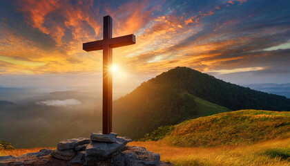 Christian Cross with Dramatic Sunset Background. - obrazy, fototapety, plakaty