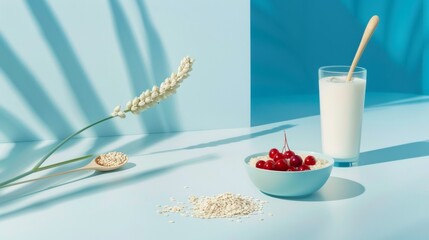 Fototapeta na wymiar Healthy breakfast setting with quinoa, milk, and fresh berries on a modern blue table