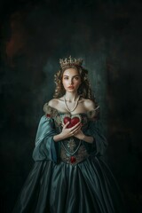 Fototapeta na wymiar Regal Woman in Royal Attire Holding Red Heart