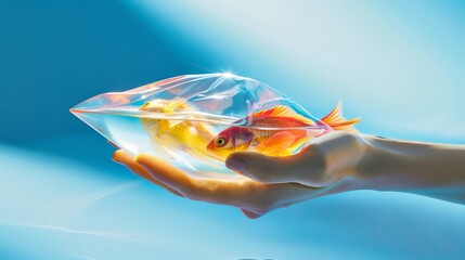 Obraz na płótnie Canvas Conceptual photo of a goldfish in a plastic bag held in hand, symbolizing environmental and wildlife conservation