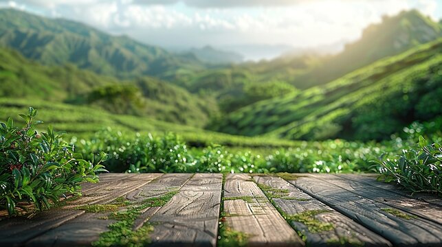 Wooden table on green tea mountain and blurry meadow A refreshing and relaxing concept. For editing product showcases or designing important image layouts. View of the copy space
