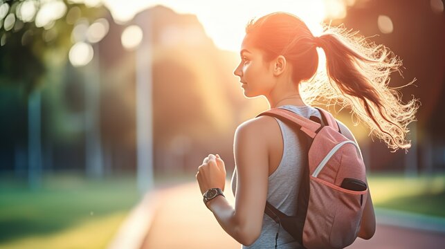 A woman in bright sportswear and sneakers, doing fitness outdoors, rucking, active jogging with a bright backpack on their back in a summer park, epitome of urban fitness trekking