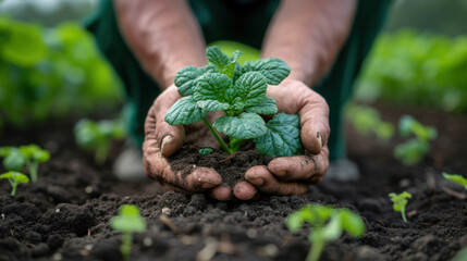 Naklejka na ściany i meble Cultivating care, hands cradle a young mint plant, a symbol of growth and sustainability in the nurturing embrace of fertile earth