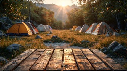 Wooden table on blurry tent, tent travel at night Concepts for product editing or important visual layout design. - obrazy, fototapety, plakaty