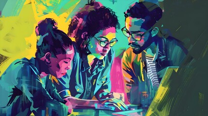 Vibrant group studying together, artistic digital illustration of teamwork. youth collaboration in modern style. educational concept art. AI