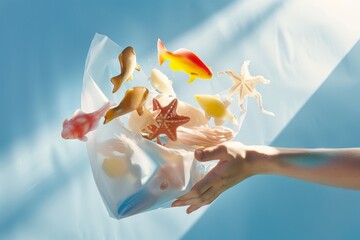 Conceptual composition of a plastic bag with toy fish and starfish, simulating an ocean release in a surreal, sunlit environment