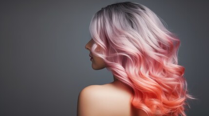 Beautiful hairstyle of a woman after dyeing hair and making highlights, isolated on a grey background.