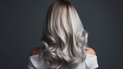 Beautiful hairstyle of a woman after dyeing hair and making highlights, isolated on a grey background.