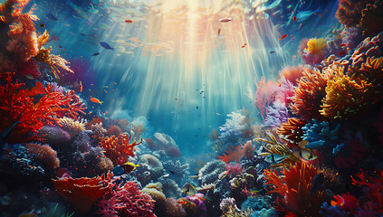 underwater diving in front of a coral reef sunlit sea