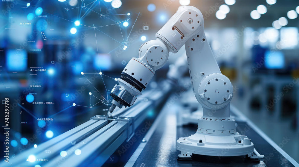 Aufkleber A state-of-the-art robotic arm operates with precision in a high-tech manufacturing environment, epitomizing modern industrial automation