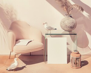 Modern home decor scene with elegant furniture and playful seagulls, juxtaposing indoor comfort with outdoor coastal elements