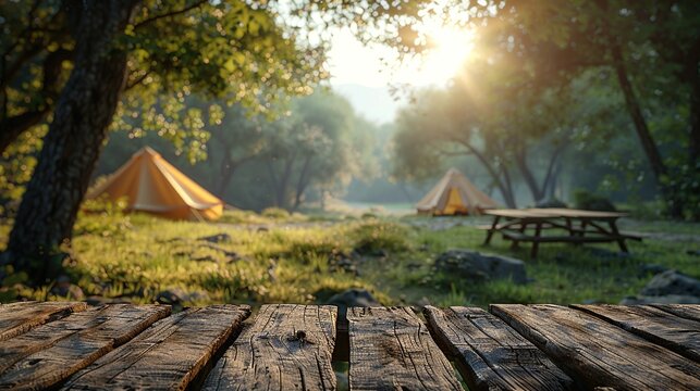 Wooden table top on blurry tent, tourist tent and grass field, refreshing and relaxing concept for product editing or important image layout design. View of the copy space