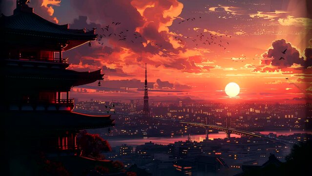 Anime background, Beautiful animation anime cartoon, japanese temple, Tokyo Tower,  flying bird and beautiful sunset