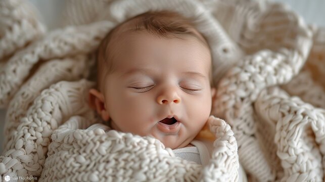 Newborn baby yawns wrapped in hospital blanket