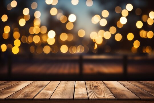 Empty wooden table top with bokeh light background for product display or design visual