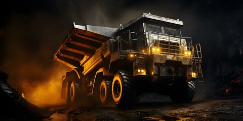 Large yellow dump truck mining coal in an open pit operation. Concept Mining Industry, Heavy Equipment, Coal Extraction, Dump Trucks, Open Pit Operations