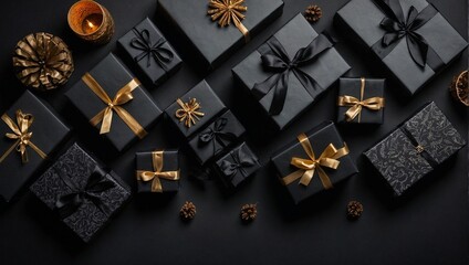 Fototapeta na wymiar Black present boxes with golden ribbons. Minimal abstract Christmas, New Year or birthday celebration concept. Gift idea. Copy space.