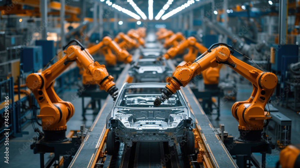 Aufkleber automated robotics arms efficiently assembling a car on a production line, showcasing precision and 